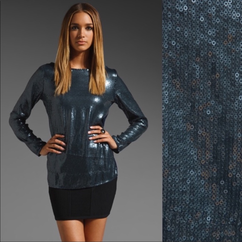 NWT STYLESTALKER Blue Brillitte sequin blouse, 6, Long Sleeve, mesh back